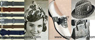 Fashion Accessories Examples From 1961 including Mens Belts, Velvet Pixie Hat, Saddle Shoe, Jacquard Knit Hat, Tapestry Bag