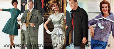 Fashion Clothing Examples From 1961 including Asymmetrical Dress, Corduroy Sport Suit, Brocade Sheath Dress, Suburban Coat, Knit Pullover Sweater