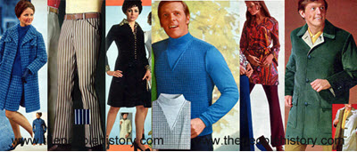 Fashion Clothing Examples From 1969 Houndstooth Ensemble, Striped Flared Denim, Leopard Accent Dress, Layered Mock Turtleneck, Print Tunic and Flared Pant, Corduroy Coat 