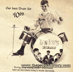 Drum Set with 21 1/2 inch base drum foot operated, high hat cymbal, 2 cowbells and drum sticks just like pop groups of the 1960's 