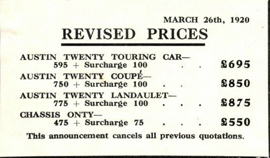 Austin Cars 1920s prices