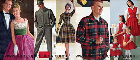Fashion Clothing Examples From 1960 including Floral Print Formal Dress, Sportsman Suit, Princess Panel Dress, Plaid Pullover, Lookalike Outfits