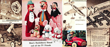 1960 Toys including  Build A Clock, Wagon, Huckleberry Hound Toys, Gas Powered Plane, Pedal Racer, Dominoes, Pitching Machine