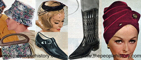 Fashion Accessories Examples From 1963 Tapestry Hat and Bag, Velvet Ringlet, Buckle Oxford, Needletoe Western Boot, Draped Turban