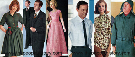 Fashion Clothing Examples From 1963 Oxford Step In Dress, Whipcord Suits, Dramatic Gown, Tapered Shirt, Roman Coin Print Tunic, Insulated Suit