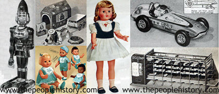 1963 Toys including Moon Robot, Toy Dog Set, Tiny Chatty Babies, Little Miss Echo, Indianapolis 500 Racer, DigiCompi