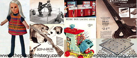 1964 Toys including Scoobadoo Doll, Rock Em Sock Em Robots, Bop A Bear, Play Kitchen, Music Box Shoe, Drag Racing Strip, Scrabble
