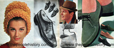 Fashion Accessories Examples From 1965 Knit Cloche, Wing Tip Shoes, Tapered Center Crease Hat, Shoulder Pouch, Oxford Shoe