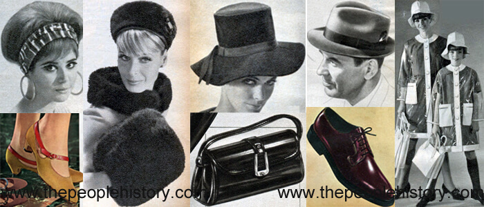 Fashion Accessories Examples From 1966 Wig Hat, Belted Shoe, Rabbit Fur Accessories, Wide Brim Hat, Envelope Bag, Pinch Front Dress Hat, Plain Toe Shoe, Clear Rain Gear