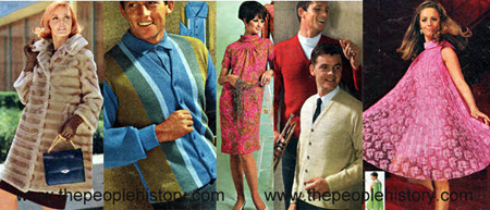 Fashion Clothing Examples From 1967 A-Line Fur Look Coat, Bold Panel Stripe Shirt, Paisley Shift Dress, Jacquard Sweater, Pleated Tent Dress 
