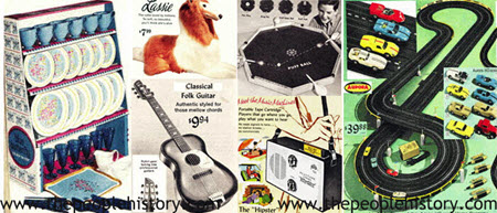 1967 Toys including Play Tea Set, Lassie Soft Toy, Classical Guitar, Puffball Game, Portable Tape Player, Aurora Race Track