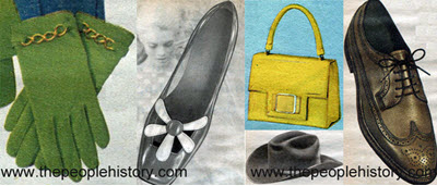 Fashion Accessories Examples From 1968 Green Gloves, Flower Trim Shoe, Patent Handbag, Western Hat, Wing Tip Oxford 