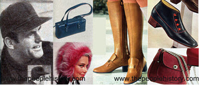 Fashion Accessories Examples From 1969 Fastback Style Cap, East West Bag, Cuffed Hood, Strapped Vamp Boot, Four Button Dandy Boot, Shoulder Bag 