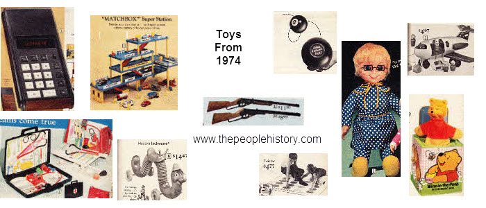 1974 Toys including   Roller Skates, Curious George, Transistor Radios, Hoppity Hops, Girls Dolls  