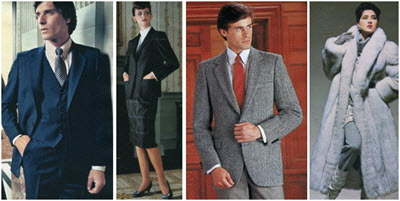1980's Blue Fox Coat, Tweed Sport Coat, Flannel Blazer and Skirt, Pinstripe Suit Eighties Fashion Examples