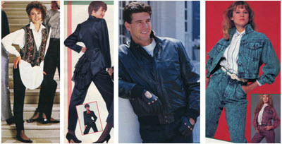 1980's Oversize Shirt and Pants, Satin Tuxedo, Leather Jacket, Overdyed Denim Eighties Fashion Examples