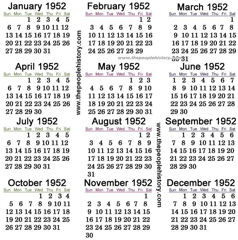 1952 Calendar
